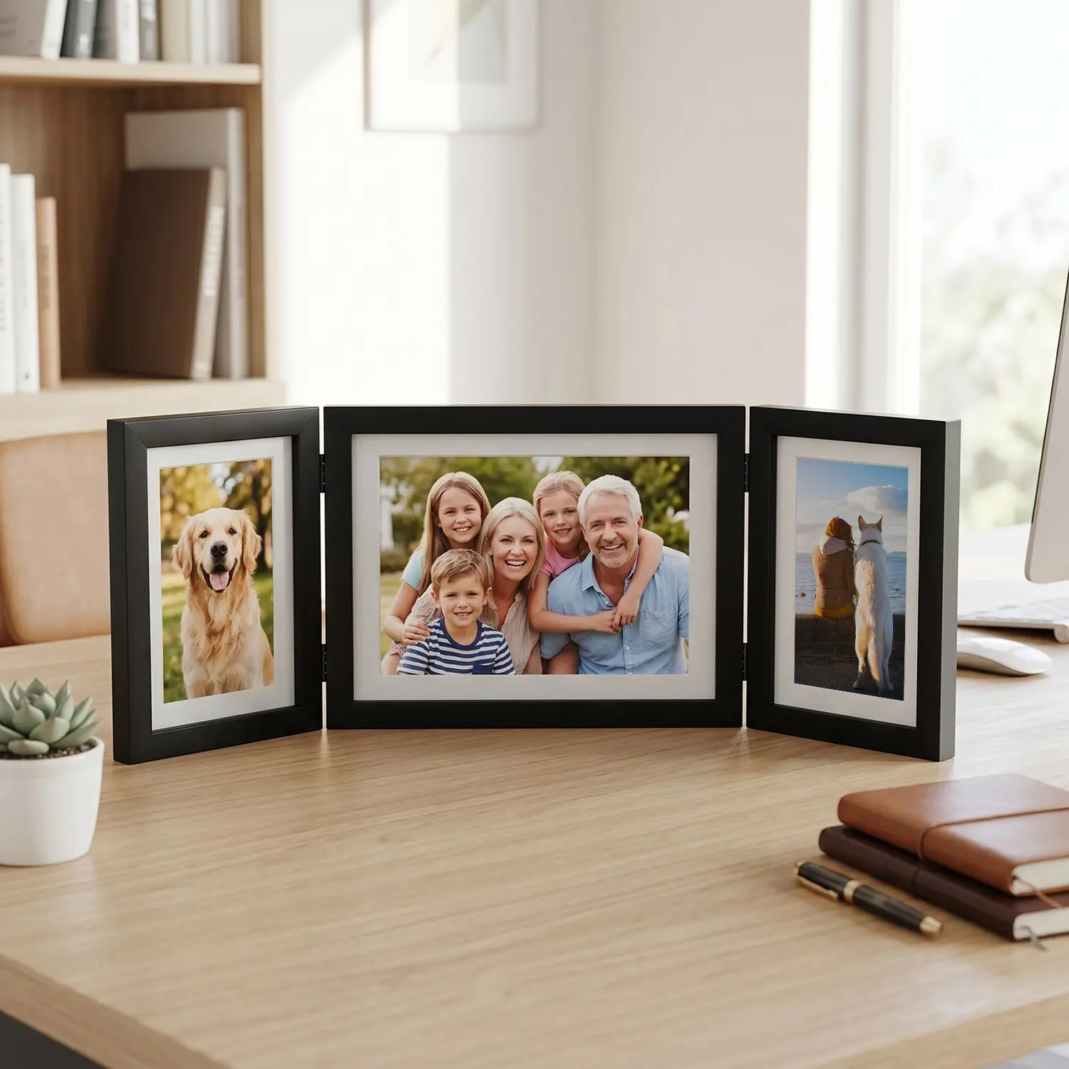 Folding Triple Photo Frame, Black Wood 3 Picture Frame for Wedding/Anniversary/Engagement Gifts, Desktop Collage Frame for Couples & Family Memories, Multi Picture Frame, Wooden