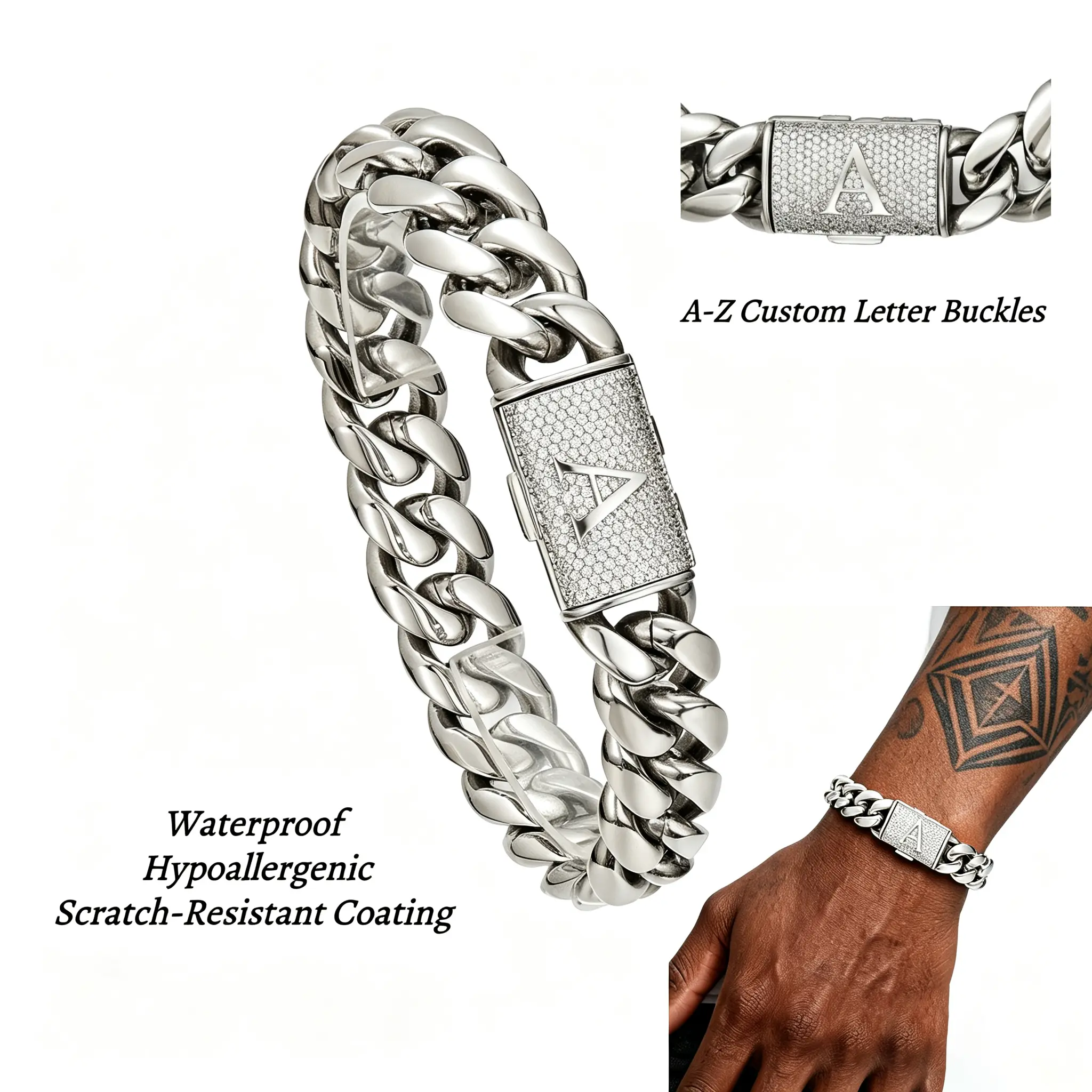 Men's 14mm Cuban Link Bracelet in Stainless Steel with Personalized Initial Clasp - Bold, Tarnish Resistant Chain for Everyday Wear