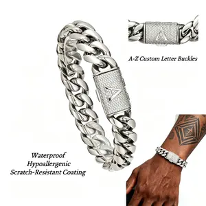 14mm Silver Stainless Steel Cuban Link Bracelet With A–Z Initial Letter Clasp  Heavy Chain Gothic Miami Cuban Link Chain Punk Hip Hop Style Personalized Modern Gift for Him