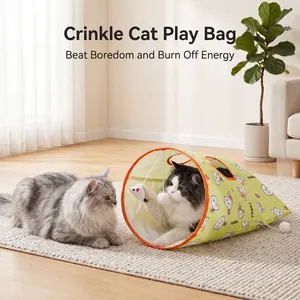OmniPets Crinkle Cat Play Bag Collapsible Cat Tunnel Toy Built In Spring Steel Ring Always Open Interactive Kitten Playpen Scratch Resistant Paw Holes Crinkle Sound Hanging Toys Indoor Multi Cat Boredom Buster