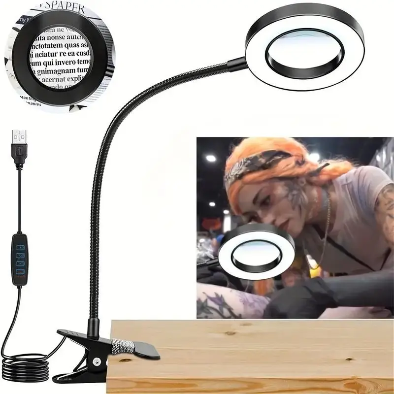 5x Magnifying Glass with Clip, USB Powered LED Light, Adjustable Brightness Modes, Plastic, Ideal for Desk Work, Crafts, Repairs, Christmas Lighting, Desk Accessories, Office Accessories, Computer Desk Accessories