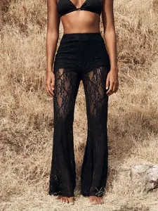 Women's High Waist Lace Patchwork Pants, Micro Flare Design, Sexy Two-Layer Casual Lace Long Pants, Fashionable Ladies' Bottoms Womenswear