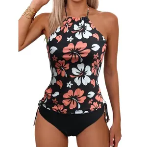 LYD-  Women's Floral Print Halter Tankini Set, Casual Fashion Backless Tie Back Swim Top & Swim Bottom Two-piece Swimsuit for Beach Holiday Vacation, Ladies Swimwear for All Seasons -LYD
