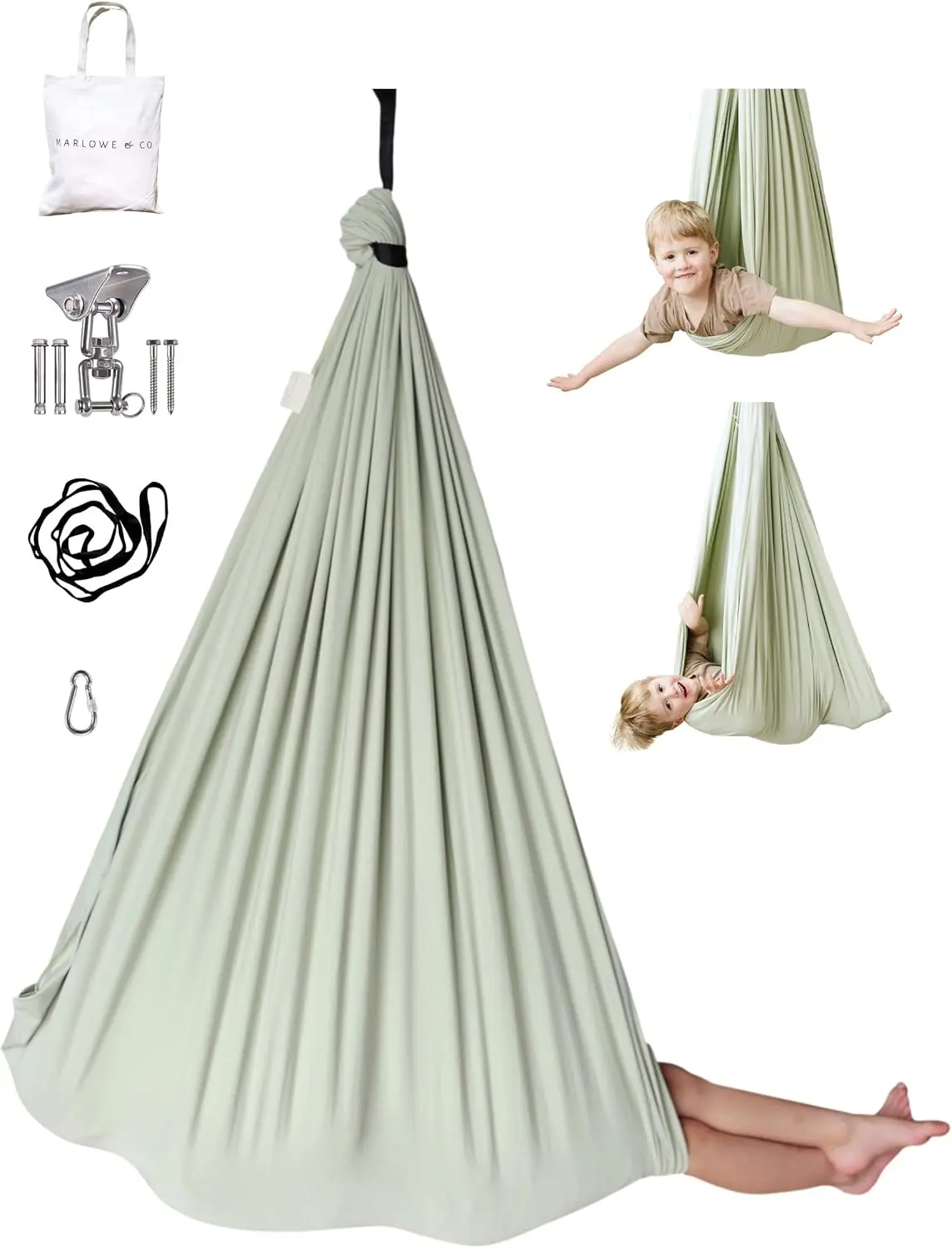 Sensory Swing for Kids Indoor Outdoor, Therapy Pod Cocoon Swing for Autism ADHD SPD, Double Layer Cotton Hammock Swing, Holds 200 lbs, 360° Swivel Hardware Included, Desert Sage