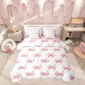 7 Pcs Pink Bowknot Comforter Set,Dreamy Princess Style Bedding Set,Watercolor Bow Geometric Grids Patchwork(Comforter+Fitted+Flat Sheet+2 Pillowcases+2 Throw Pillow Covers)