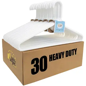 White Plastic  30 Pack - Super Heavy Duty Multipack for Clothes - Thick  Standard Closet Clothing  with Hook for Scarves and Belts-17 for Coats (White, 30)