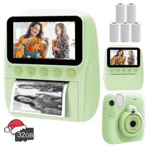 HD 1080P high-definition camera, rechargeable printer, multiple printing filters, large capacity battery, easy-to-use photo printer as an ideal choice for holiday gifts to family and friends, Instant printing camera +5 rolls of paper+32GB memory card