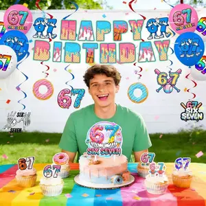 New Donut Theme Birthday Party Decorations, Boy's 67th Number Atmosphere Props, Pull Flag Set, Perfect for Celebrations