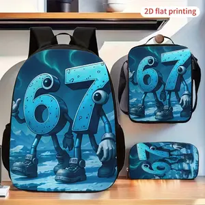 Number 67 Robot 3-Piece Backpack Set, Blue Character Print School Bag + Lunch Bag + Pencil Case, Oxford Cloth Adjustable Strap Daypack for Kids