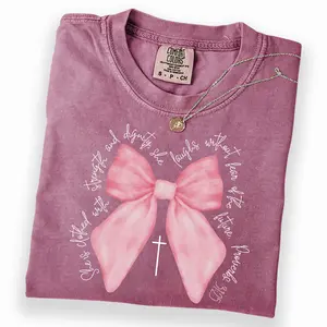 Comfort Colors She Is Clothed With Strength and Dignity Shirt, Coquette Christian Bow Shirt, Proverbs 31:25 Bible Verse Graphic Tee, Gift for Christian Women