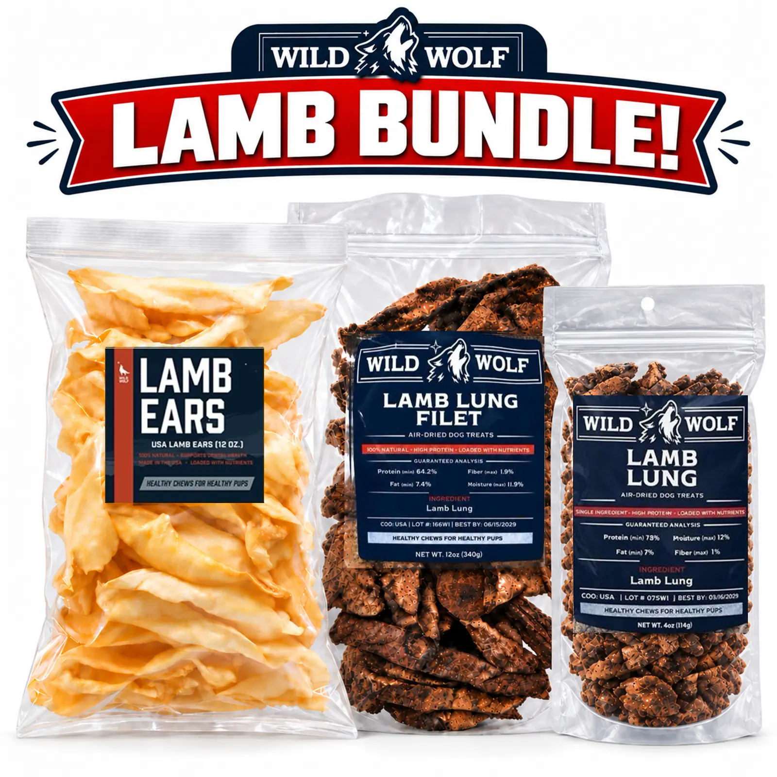 The Official Wild Wolf Lamb Dog Treat Bundle | Lamb Ears (12 oz), Lamb Lung Filet (12 oz) & Lamb Lung Bites (4 oz)