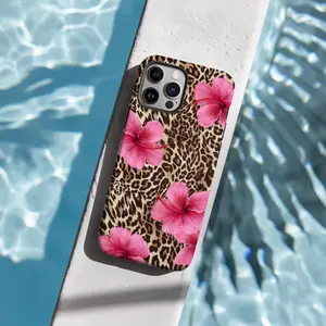 Leopard print pink hibiscus flower, a tropical floral pattern, 2-in-1 phone case. Durable, shock-absorbing, and stylish design. Compatible with iPhone 17, 16, 15, 14, 13, 12, 11 Pro Max Pro Plus and Samsung Galaxy S26, S25, S24, S23 Ultra.