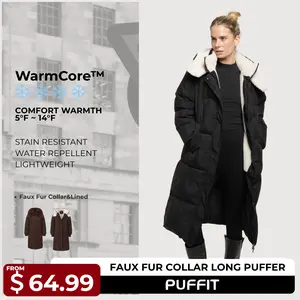【Last Sale】PUFFIT WarmCore Premium Classic Hooded Long Puffer Coat Women Long Ladies Quilted Outerwear Jacket Big Pocket, Water Repellent  Winter Warm Basic Long Sleeve Tops Coat
