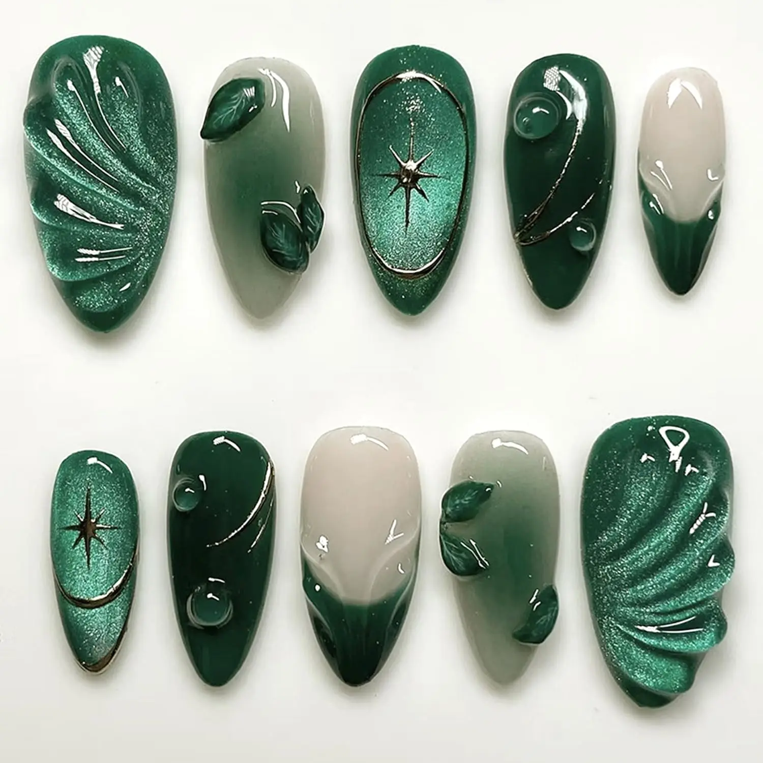 24Pcs Green Press on Nails Medium Almond Fake Nails with 3D Green Ripple Design Handmade Press on French Nails Tips Leaves Pattern Full Cover Glossy False Nails Y2k Reusable DIY Nails for Women Nail Diy Nail Art