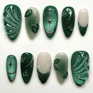 24Pcs Green Press on Nails Medium Almond Fake Nails with 3D Green Ripple Design Handmade Press on French Nails Tips Leaves Pattern Full Cover Glossy Y2k Reusable DIY Nails for Women Nail Diy Nail Art