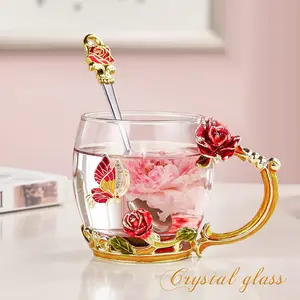 Handmade Butterfly & Rose Enamel Glass Mug Set - Perfect Gift for Mom & Her!