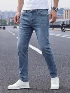 Men's Stretchy Comfortable Jeans, Straight Leg Sea Blue Simple Slim Fit, Long Pants for Daily Wear, All Seasons