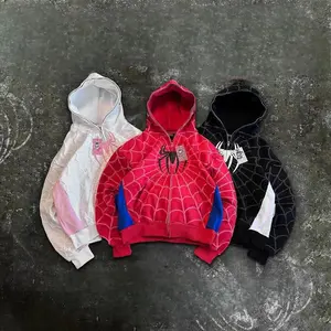 Classic Spider Print Hoodie Y2K Street Wear Zip Up Loose
