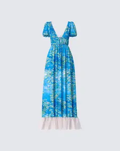Loire Blue Water Lilies Print Maxi Dress