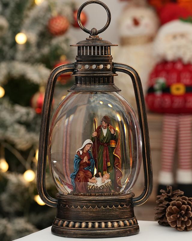 12.6 Inch Large Christmas Snow Globes, Nativity Snow Globe Christmas with Silent Night Music, Glittering Timer Snow Globe Lantern with Jesus for Christmas Decor(Jesus)