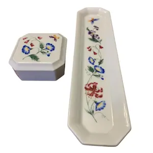 Avon Vintage Gallery Originals Porcelain Jewlery Watch Tray & Covered Box with Floral Design and Butterfly Motif