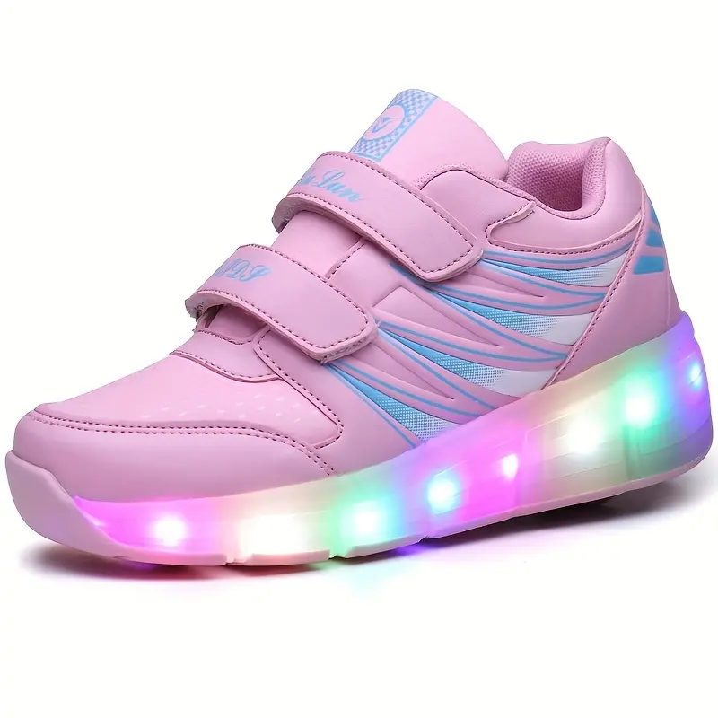 Kids' Casual LED Light-Up Roller Skates - Pink & Blue Glow-in-the-Dark Sneakers with Hook-and-Loop Closure, Durable Polyester Upper, Rubber Sole for Outdoor Fun, Parties