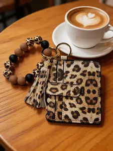 Lightweight Mini Boho Beaded Wrist Keychain, Leopard Fringe Design, Macaron Color Beads, Floral Pattern Card Holder, Perfect Gift
