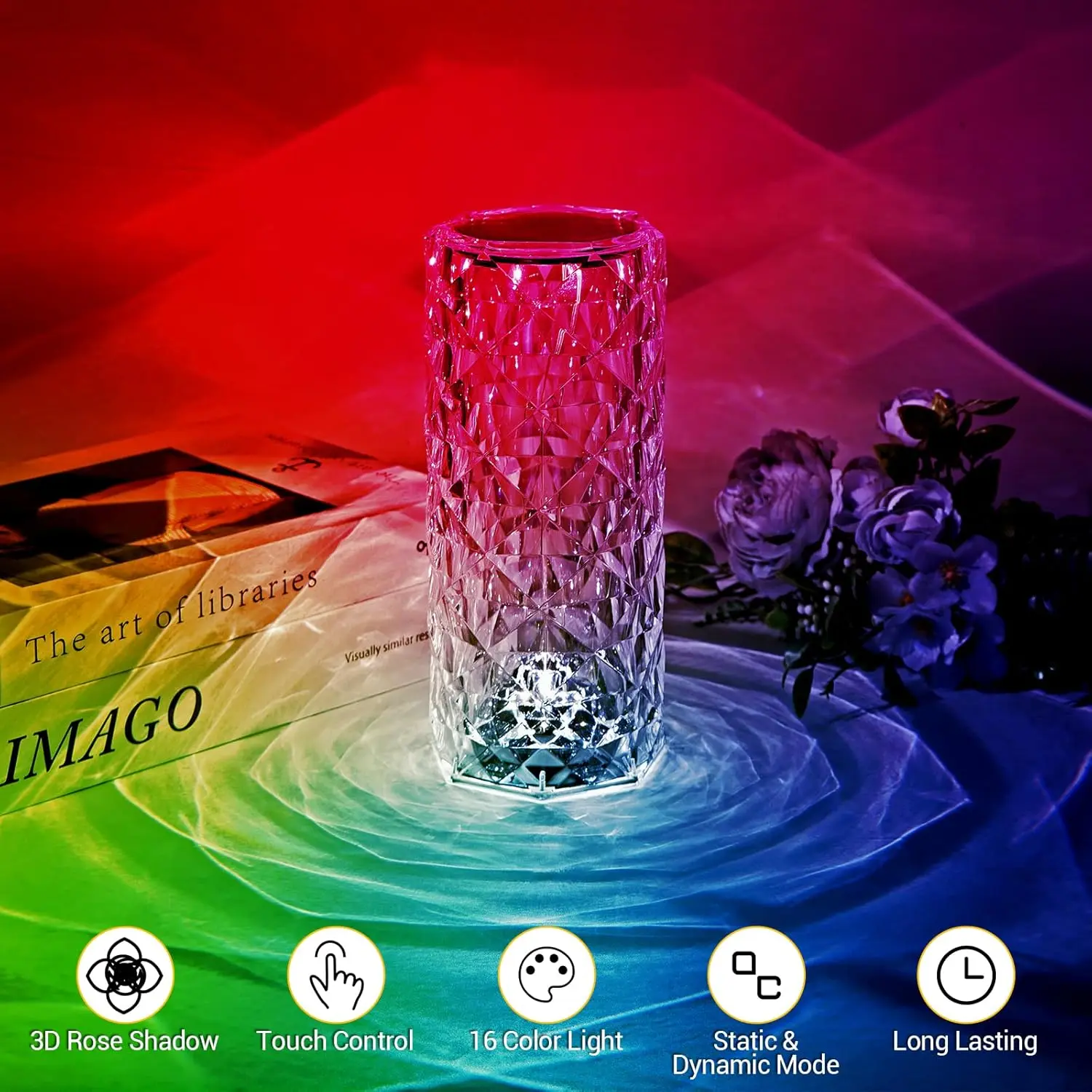 16-color mood light, anniversary decoration night light, USB-C rechargeable, crystal rose light, with remote control, dual-control touch remote control, suitable for bedroom and living room