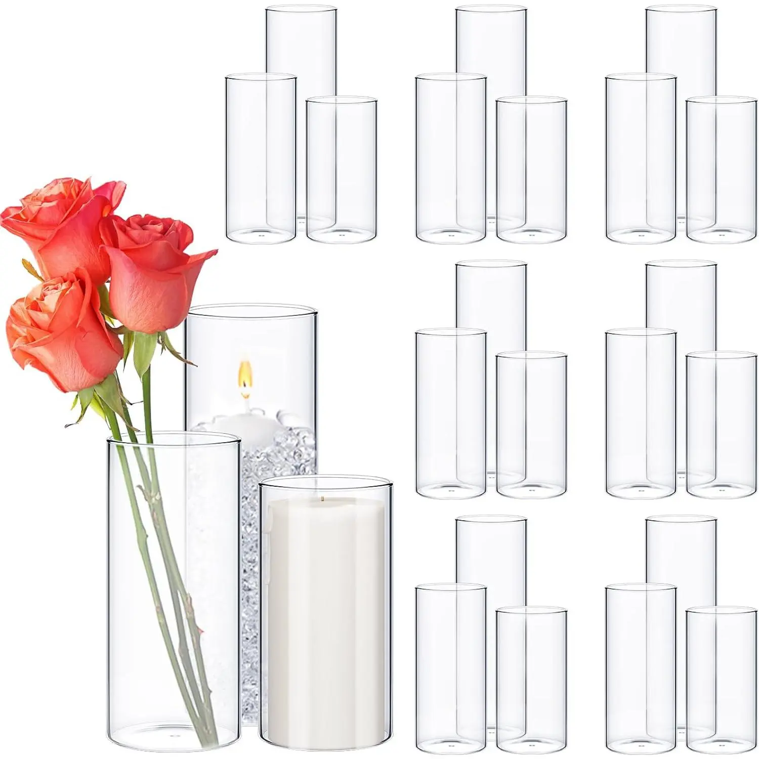 24 count Cylinder Vases Set for Centerpieces 3.4''Diameter 4/5/6/7/8/10 Inch Tall Clear Glass Vase Hurricane Floating Candle Holder for Table Decoration (6'',8'',10'' Tall)