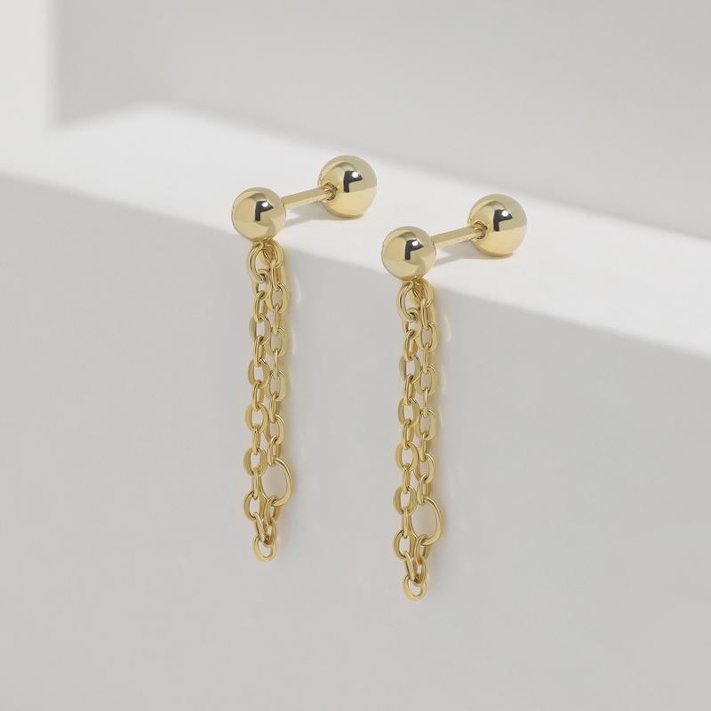 Double Chain Screw Back Earrings, S925 Silver & Gold & Rose Gold Dainty Double Two Chain Link Dangle 20g Studs Cartilage Earrings Multi Piercings Stackable Hypoallergenic Comfort Sleep On Minimalist Everyday Jewelry Gift for Her Women Christmas Birthday