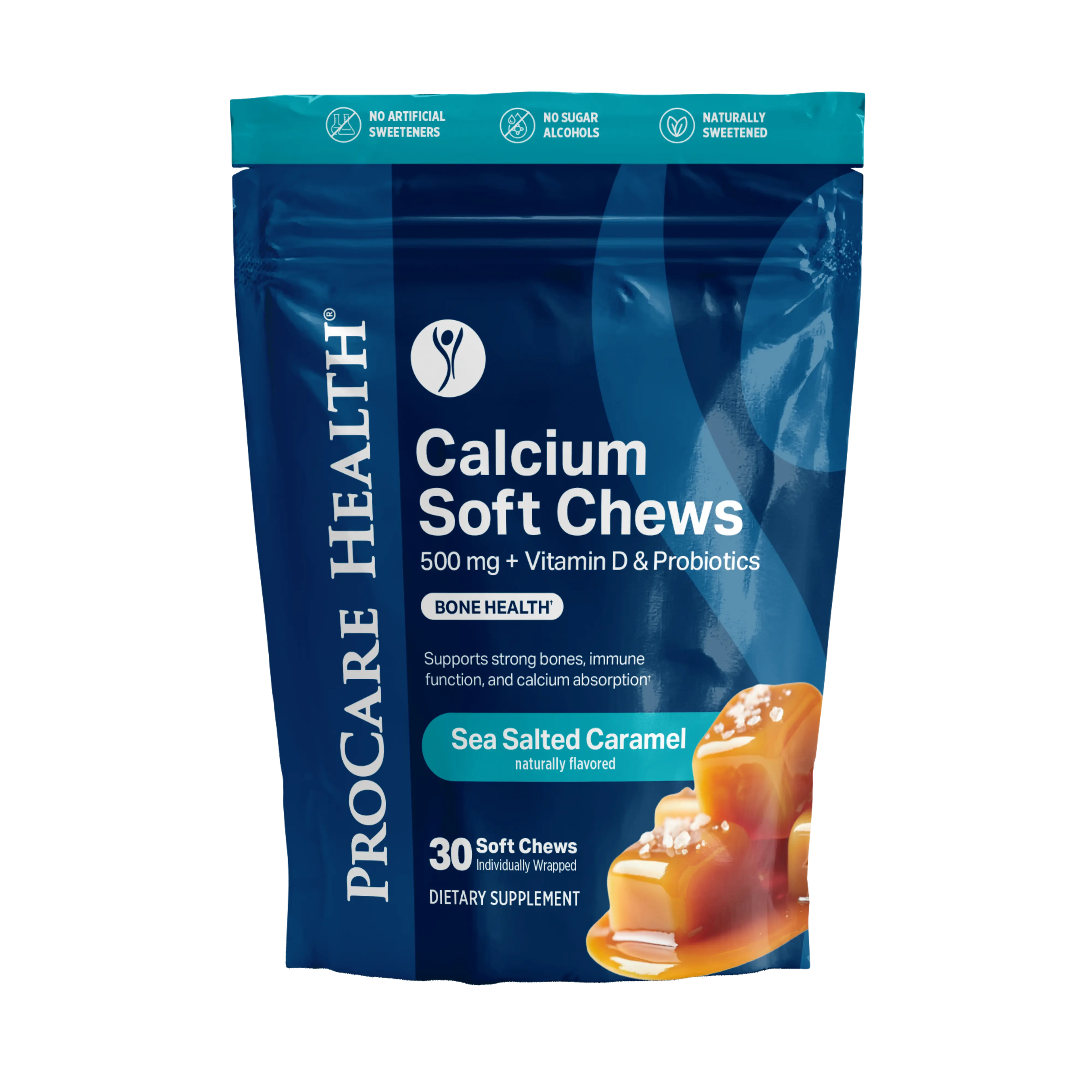 ProCare Health Sea Salted Caramel Calcium Soft Chews with Vitamin D & Probiotics 30 Individually Wrapped Chews Natural Flavor