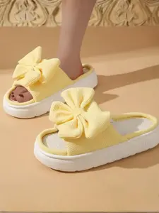 Women's Bow Plush Slippers, Non-Slip Thick Sole, Indoor Home Shoes, Slide, Fashion Textile Upper, Eva Sole, All Seasons