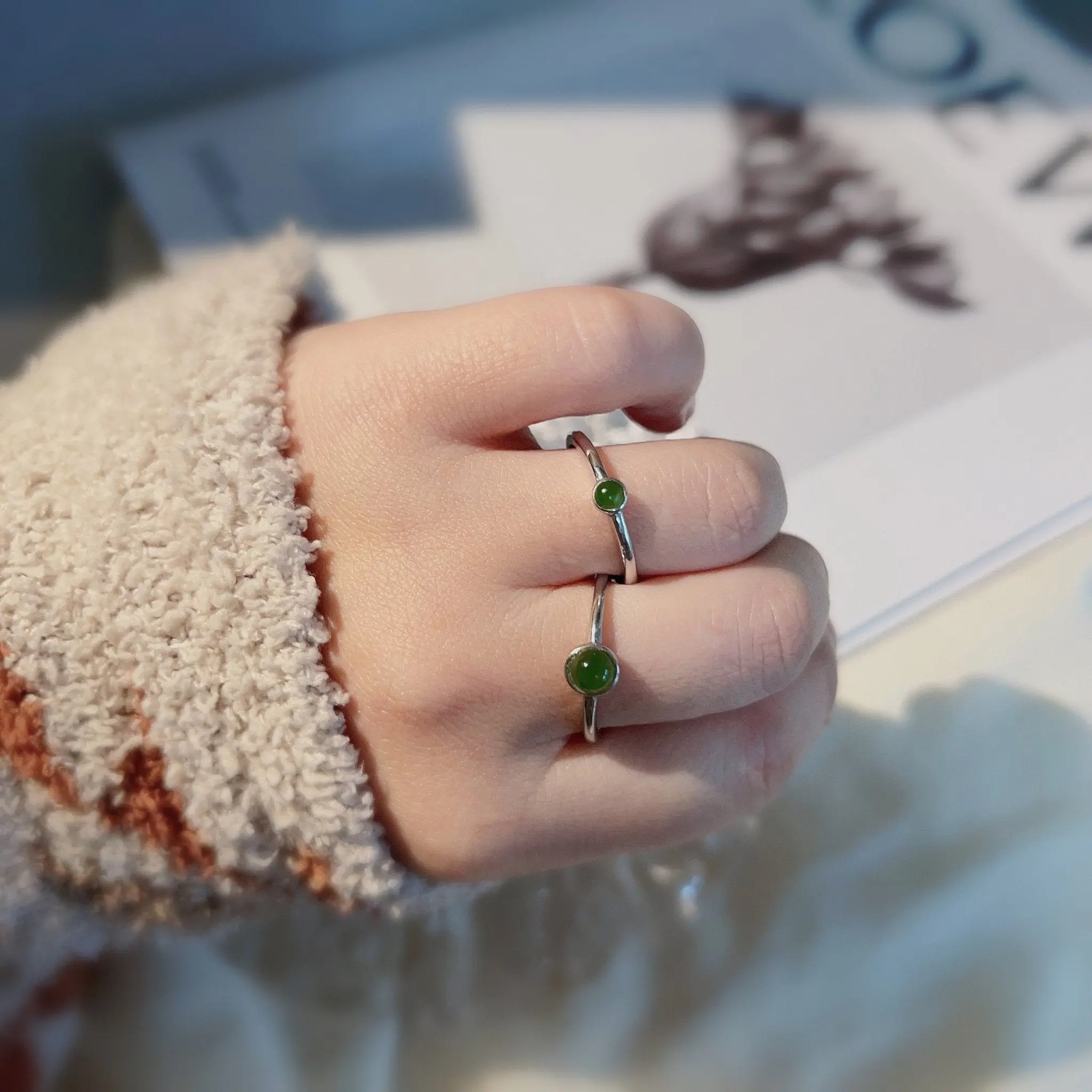 Natural Jade Ring, Dainty Nephrite Ring with S925 Sterling Silver Band