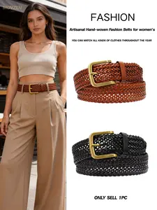 Movzen Handmade Braided Belt, Genuine Cowhide Leather, Vintage Casual Buckle, Hollow Out Design, Women's Waist Belt, All Seasons