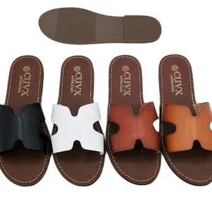 CUWX Collection Women's Flat Leather-Style Flip Flops Comfortable Open-Toe Sandals in Brown White and Tan with Soft Cushioned Footbed Durable Red Straps for Summer Wear