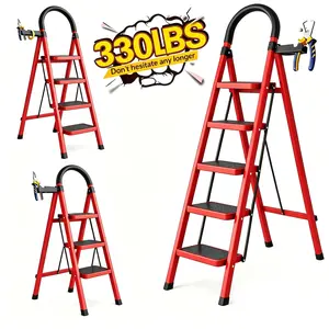 330lbs Load-bearing Folding Ladder | Heavy-duty Steel Step Stool with Anti-slip Wide Treads, Handrails, Safety Lock Design, Black And Red Color Scheme, Portable Multi-functional Ladder for Home And Kitchen Use-CVNU