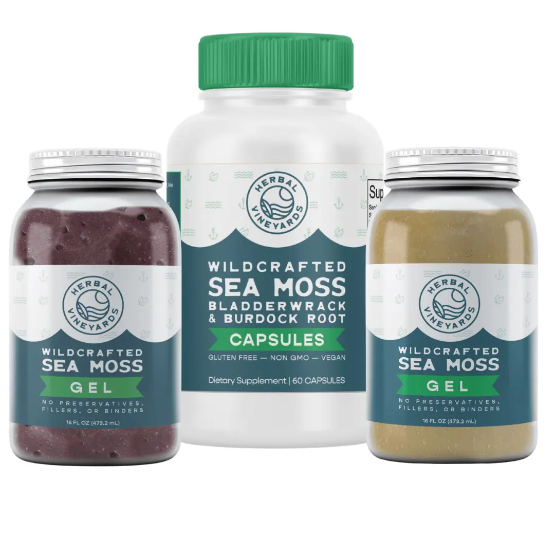 Herbal Vineyards 90-Day Sea Moss Bundle - 3 Items (16oz Gold, 16oz Purple, Capsules) Wildcrafted, Clean, Natural Organic, Non-GMO, Sugar-Free, Vegan Antioxidant Dietary Gel/Capsules, All Natural Supplement, Antioxidant Dietary Supplement, Natural Organic