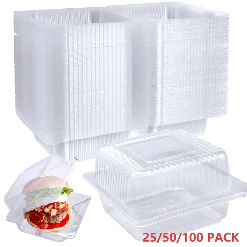 Transparent Plastic Clamshell Container with Lid, Square Food Storage, Disposable Clear Plastic Takeout Tray for Cakes, Cookies, Sandwiches & Salad, 25/50/100 Pack