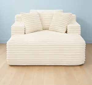 Living Room Compressed Chaise Lounge Foam Sofa Bed, Fluffy Corduroy Upholstered Cloud Couch with Deep Seat, Beige Home Lounge Furniture