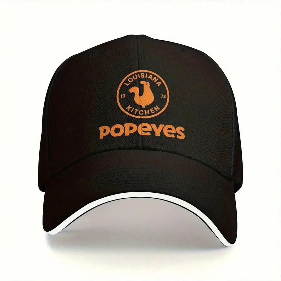 S&T Popeyes Louisiana Kitchen Logo Print Cotton Baseball Cap - Sporty Chic Adjustable Buckle Unisex Hat, Black & Orange Fried Chicken Design, Lightweight Breathable Machine Washable Sports & Outdoor Hats for Outdoor Wear, All Season, Casual