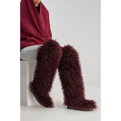 AZALEA WANG TEMPLETON BURGUNDY FAUX POODLE FUR OVER THE KNEE BOOT