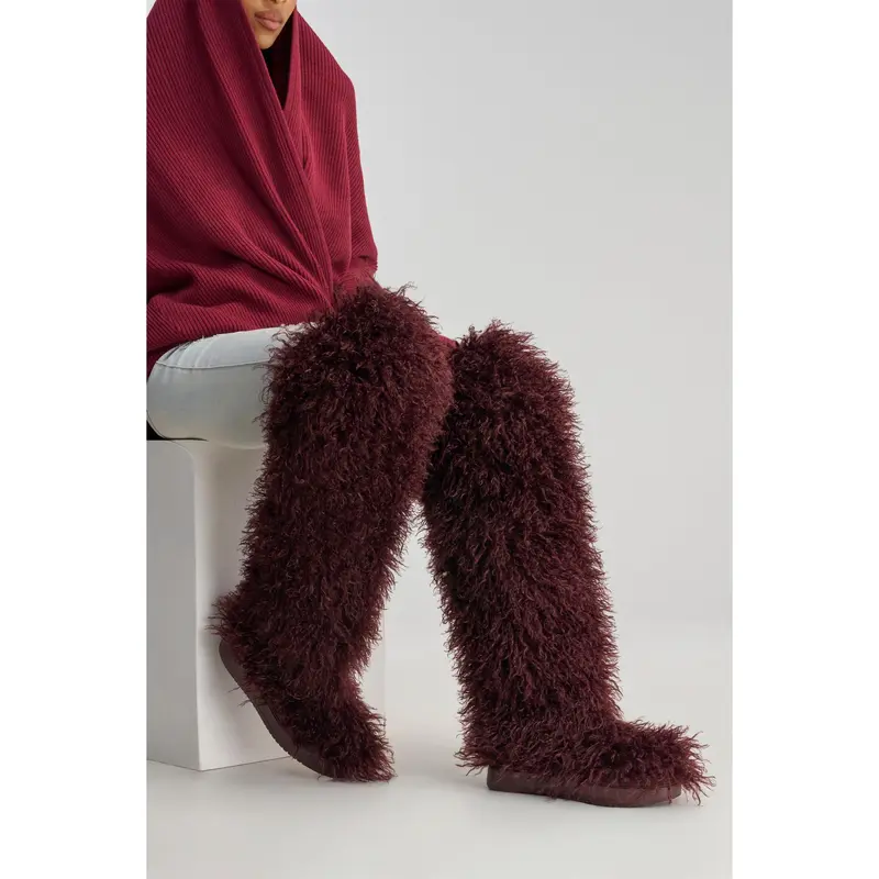AZALEA WANG TEMPLETON BURGUNDY FAUX POODLE FUR OVER THE KNEE BOOT