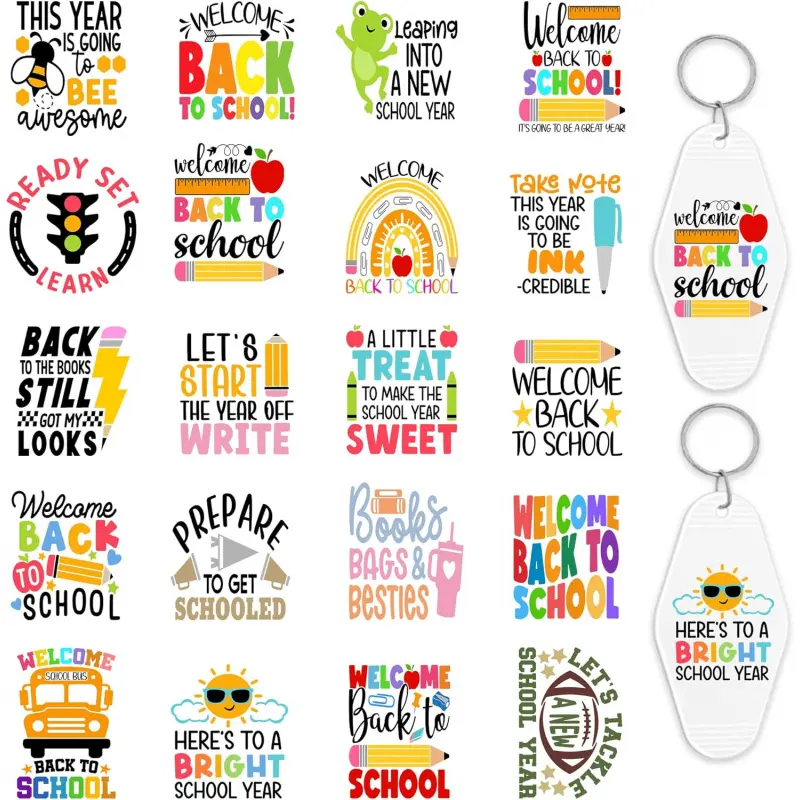 Back to School UV DTF Wrap Stickers, 8 Pcs Teacher Stickers for Motel Keychain, Classroom Decals, Waterproof Cold Transfer Stickers