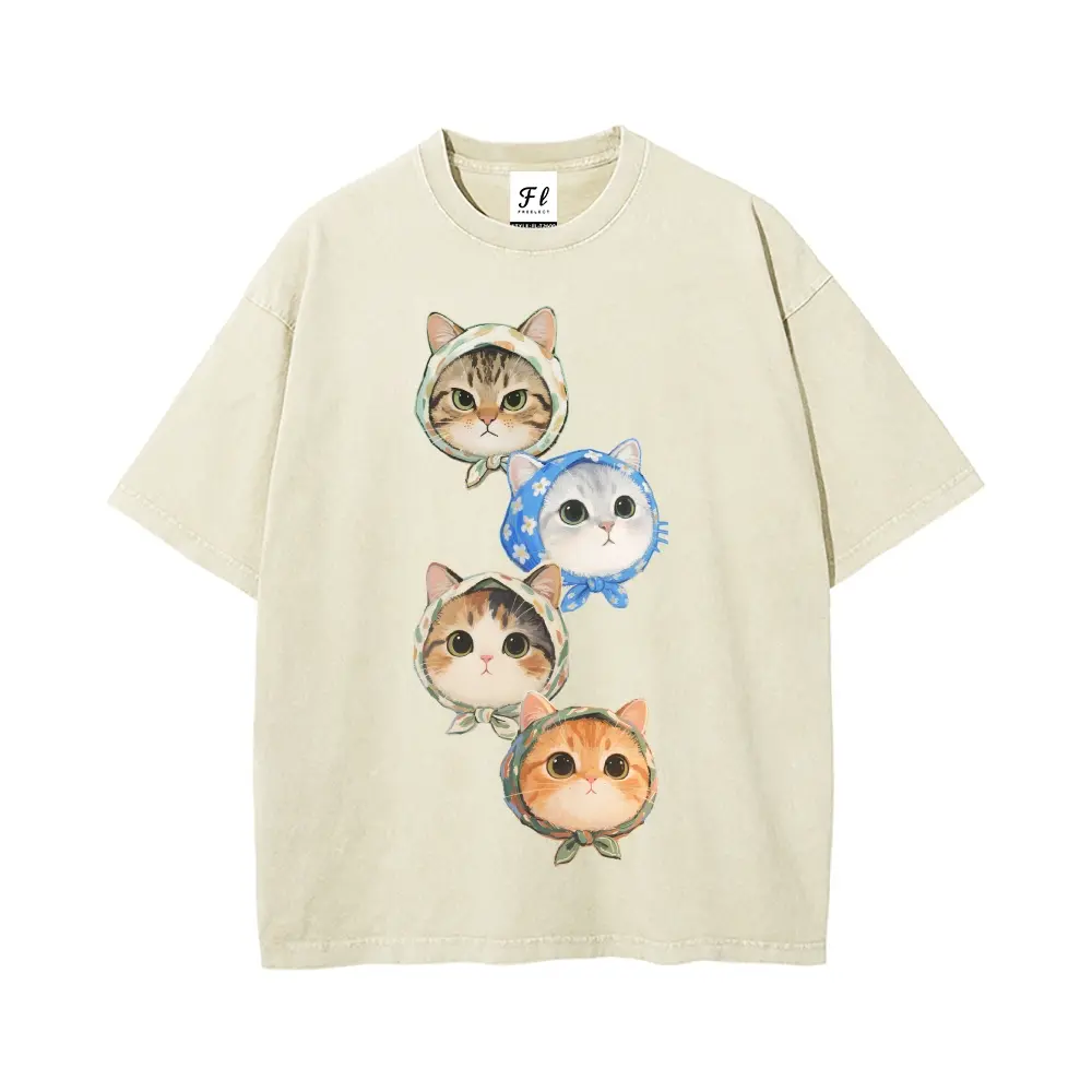 Hijab Cat Rustic and Fresh Relaxing healing Cute pets Unisex Plus Size Summer Graphic Tees Personalized Pattern Y2k Clothing Round Neck Short-Sleeved Washed T-Shirt,Women's Clothing 100% Cotton, Menswear, Top, Vintage Style, Casual Oversized