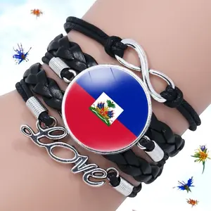 Haitian Flag Braided PU Leather Bracelet for Men & Women - Adjustable Black Punk Cuff Wrap Style, Approx. Size 7.5-7.9", Unisex Durable