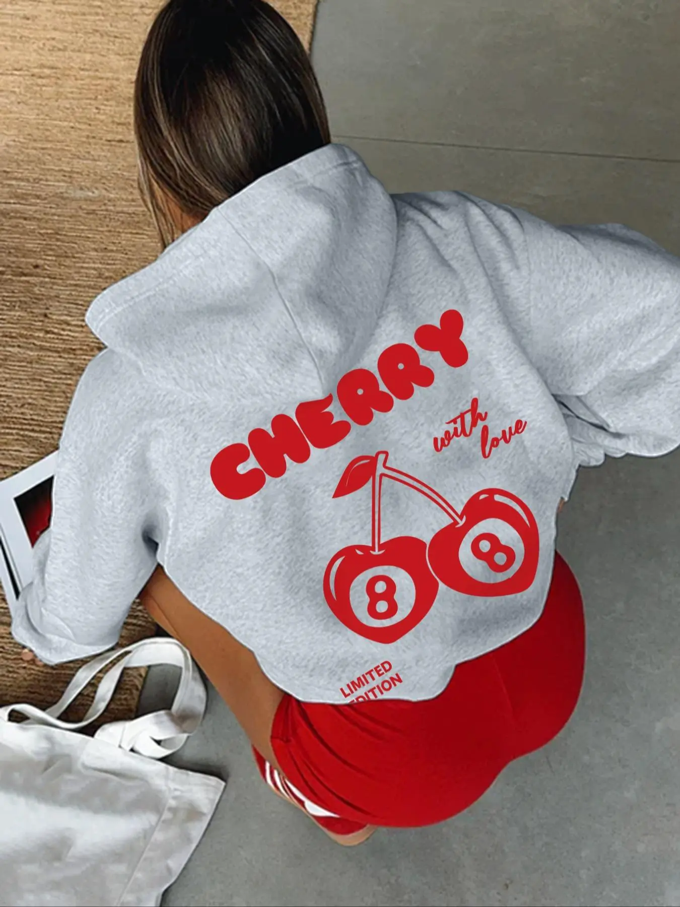 Women's Cherry & Letter Print Drop Shoulder Hoodie, Fashion Casual Drawstring Pocket Hooded Sweatshirt for Daily Holiday Outdoor Wear, Ladies Clothes for Fall & Winter