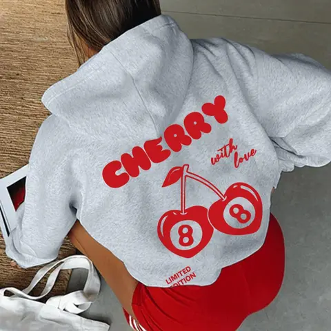 Women's Cherry & Letter Print Drop Shoulder Aesthetic Hoodie, Letter Pattern Hoodies, Fashion Casual Drawstring Pocket Hooded Sweatshirt for Daily Holiday Outdoor Wear, Ladies Clothes for Fall & Winter