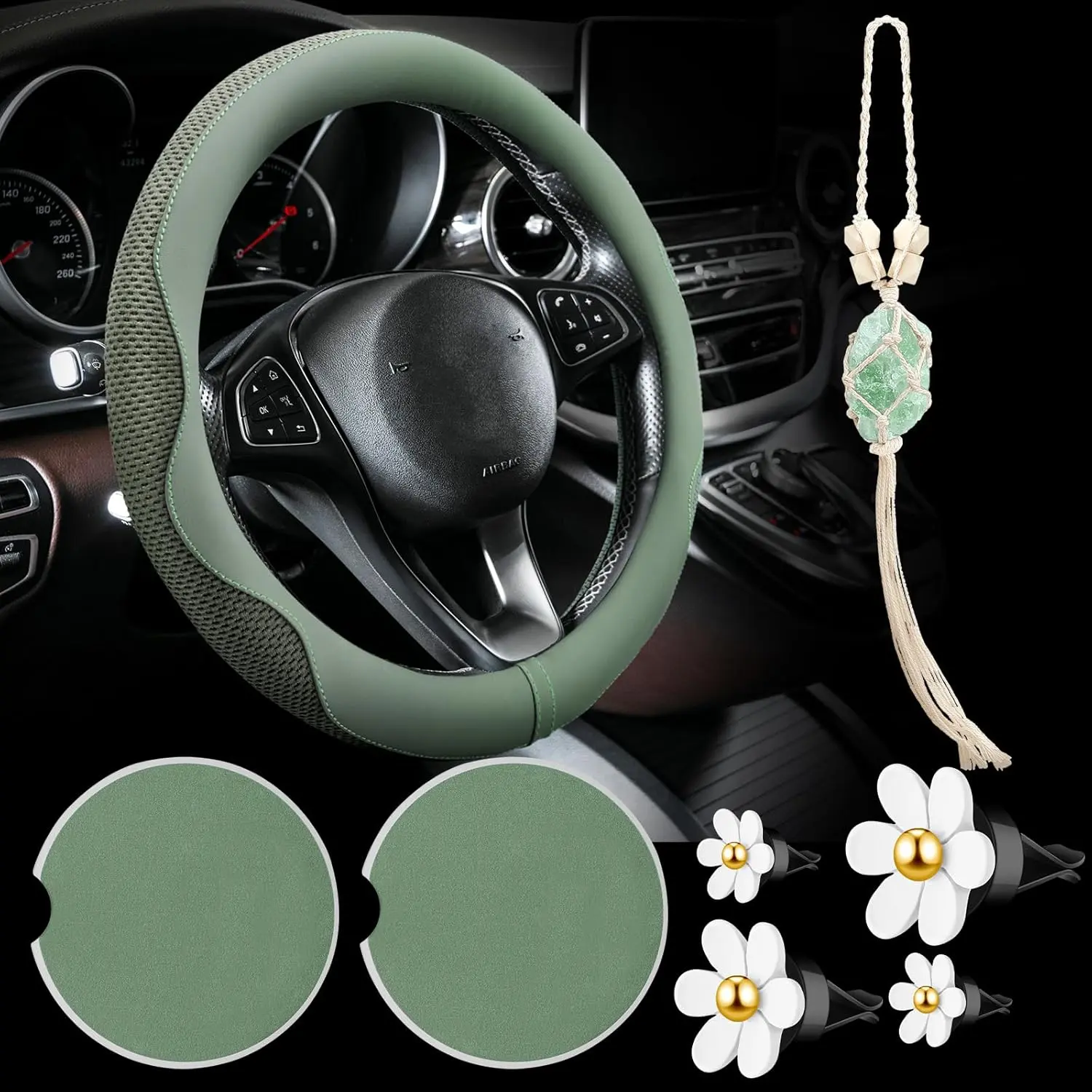 4 Car Accessory Set, Steering Wheel Cover, Ceramic Coasters, Daisy Flower Clip Air Freshener, Crystal Hanging Ornament for Women(Sage Green)