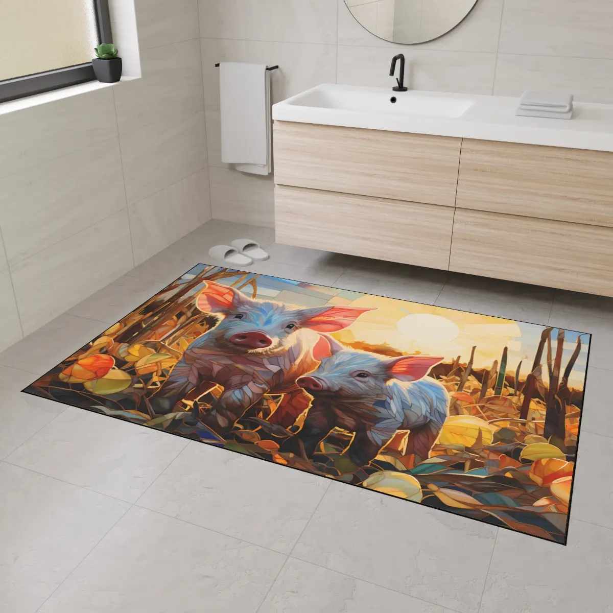 Stained Glass Style Piglets Autumn Heavy-Duty Rug, Rustic Fall Decor, Farmhouse Decor,  Barnyard Home Decor, Pig Decor, Kitchen, Bathroom