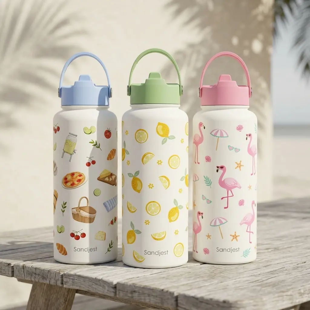 SANDJEST Summer Beach 32oz Insulated Water Bottle with Flip Straw & Handle, Stainless Steel Leak Proof Protective Silicone Base, Great for Travel Camp